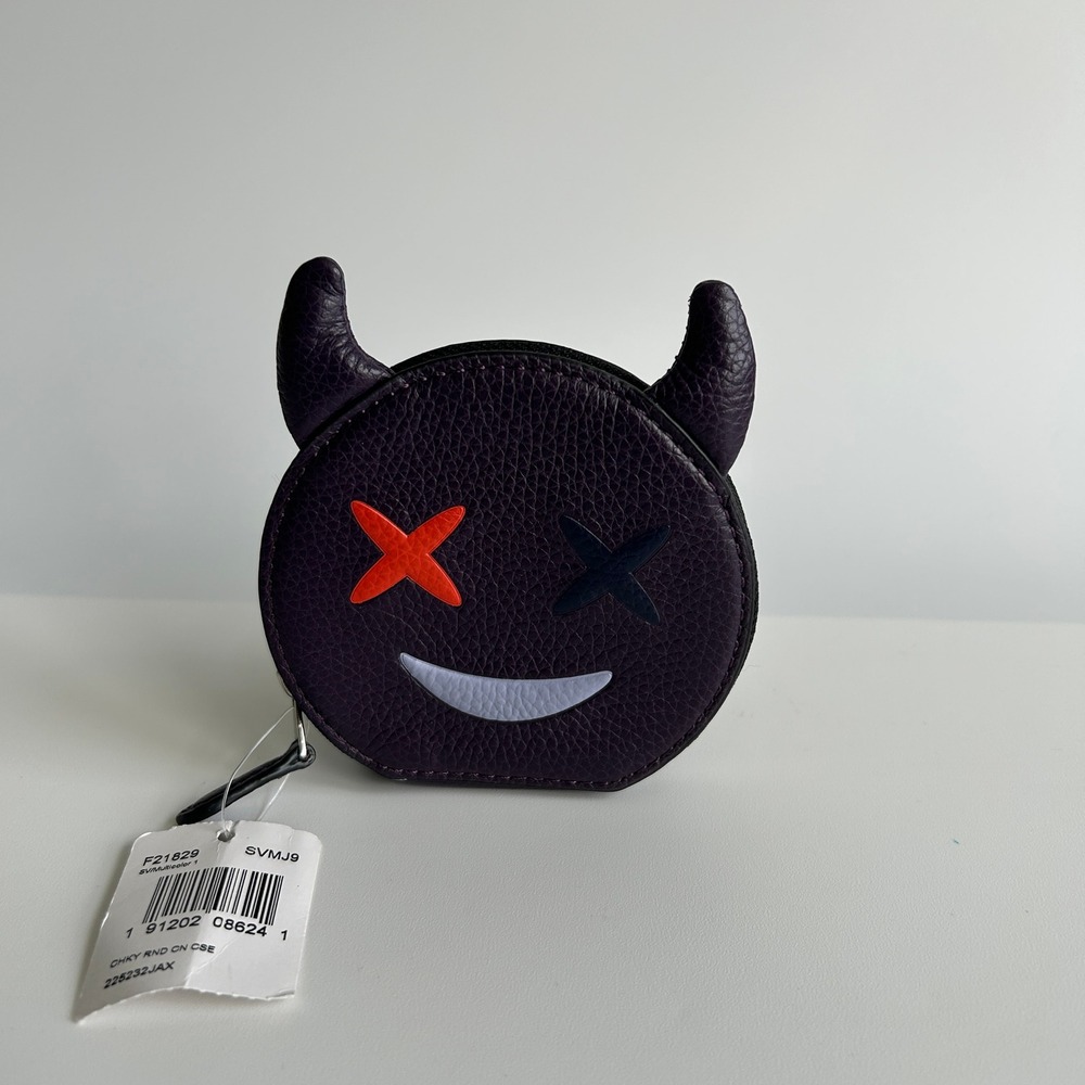 Coach Chunky Round Coin Case Purple Leather Devil Smiley Face F21829